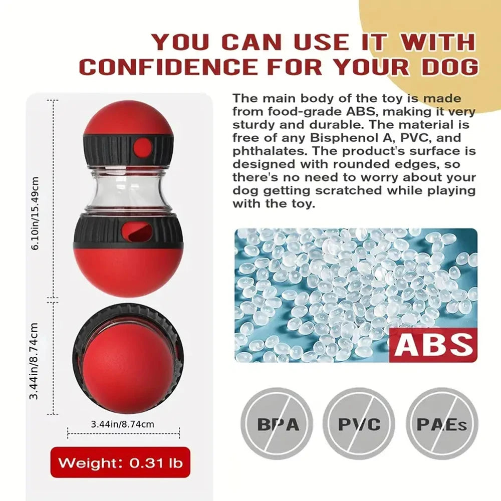 Interactive food dispensing dog toy Leaky Food Ball Puzzle safe for dogs made from food-grade ABS material.