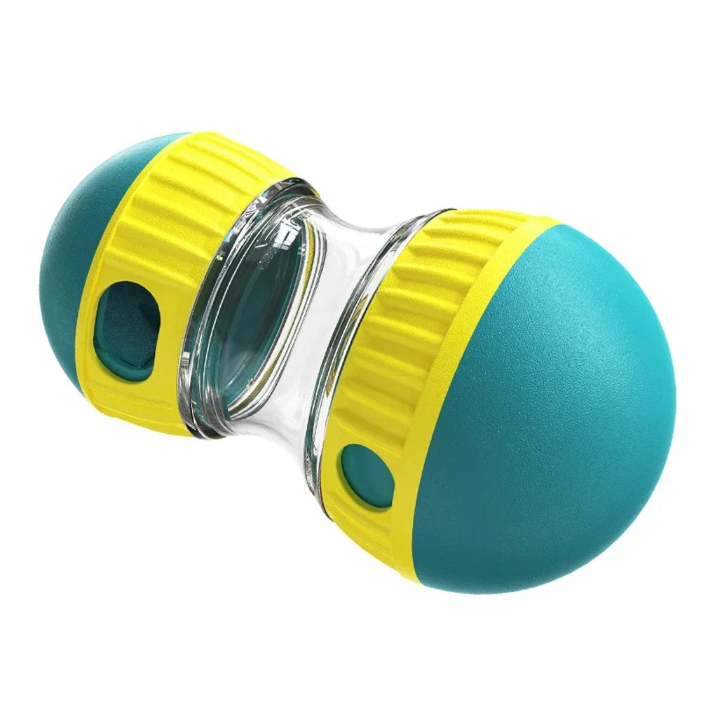 interactive food dispensing dog toy Leaky Food Ball Puzzle in vibrant teal and yellow design.