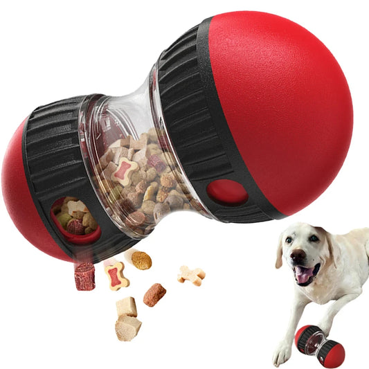 Interactive food dispensing dog toy Leaky Food Ball Puzzle with dog treats spilling out.